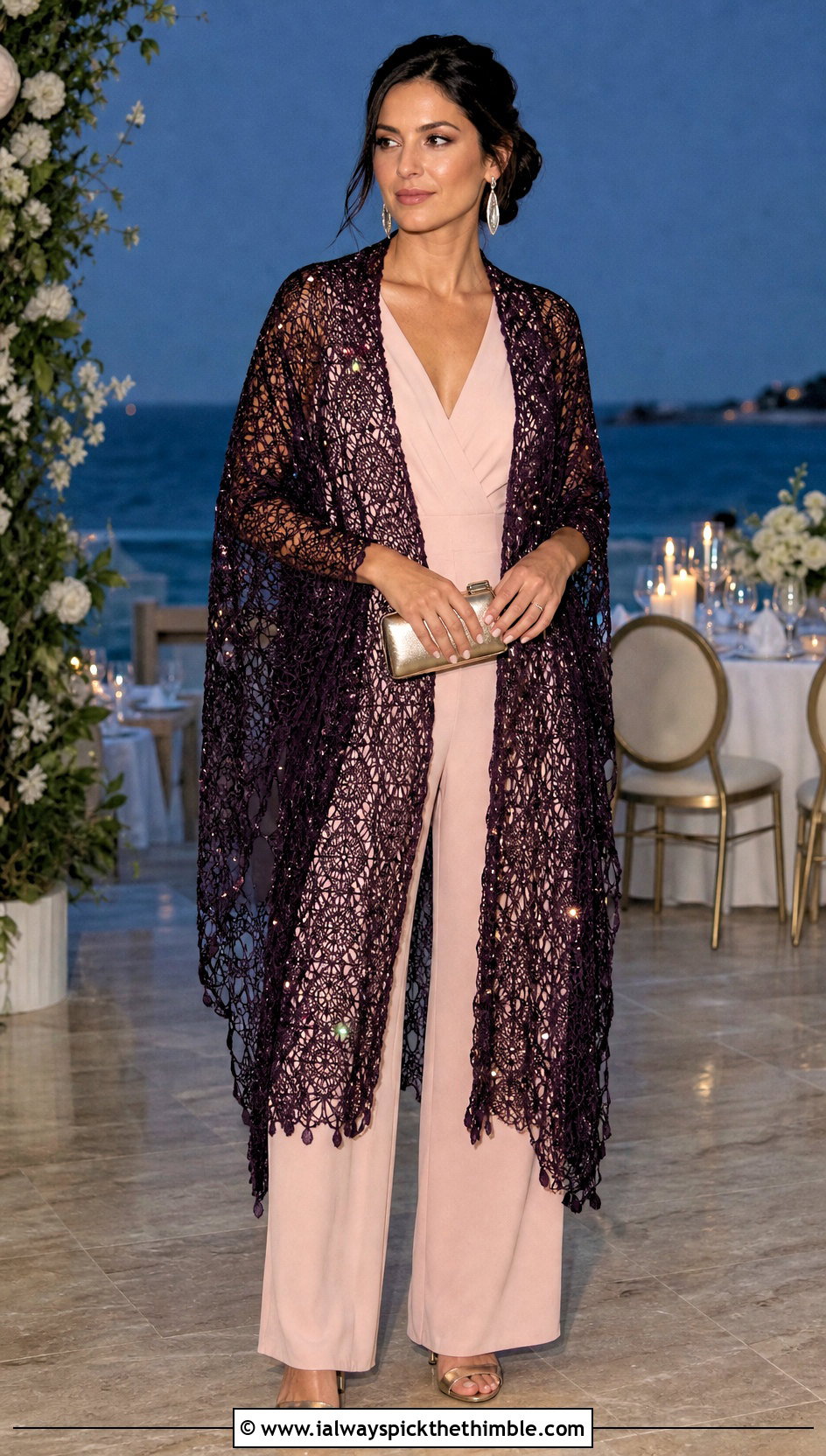 Beaded Crochet Beach Shawl With Evening Jumpsuit - 20 crochet beach shawl outfit ideas