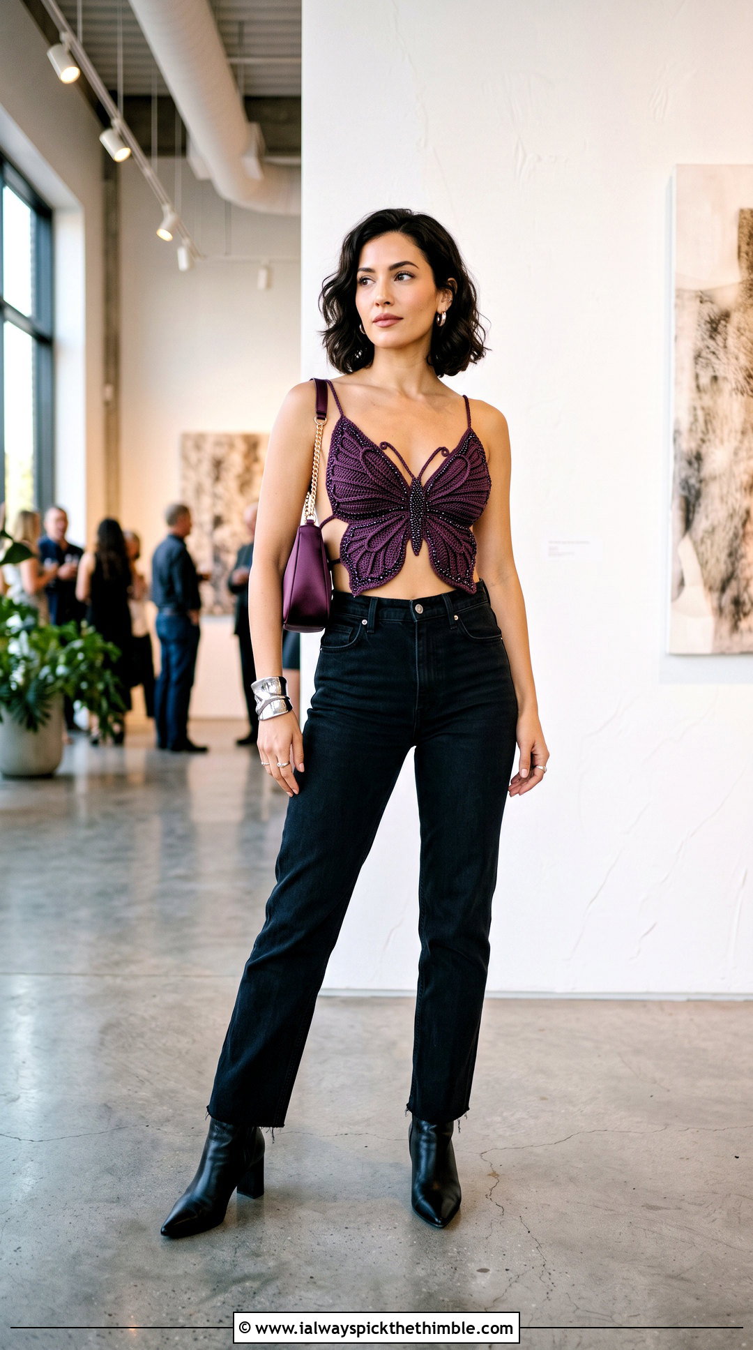 Beaded Crochet Butterfly Top With Black Jeans - 25 Crochet Butterfly Top outfit ideas
