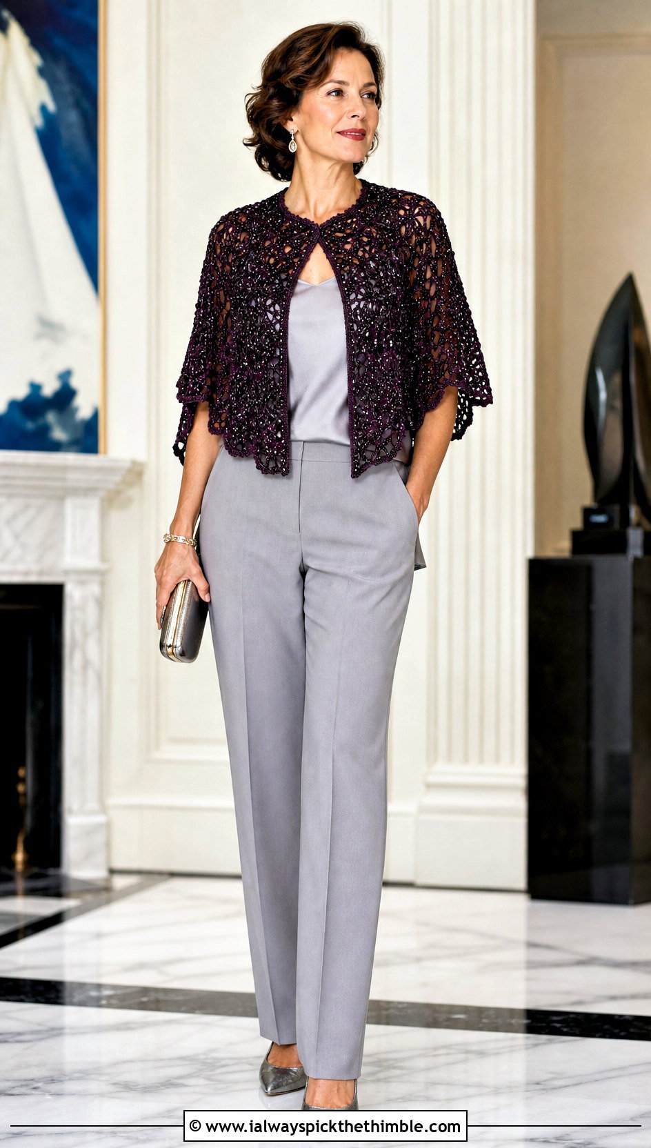 Beaded Crochet Capelet With Tailored Evening Suit - 25 crochet capelet outfit ideas