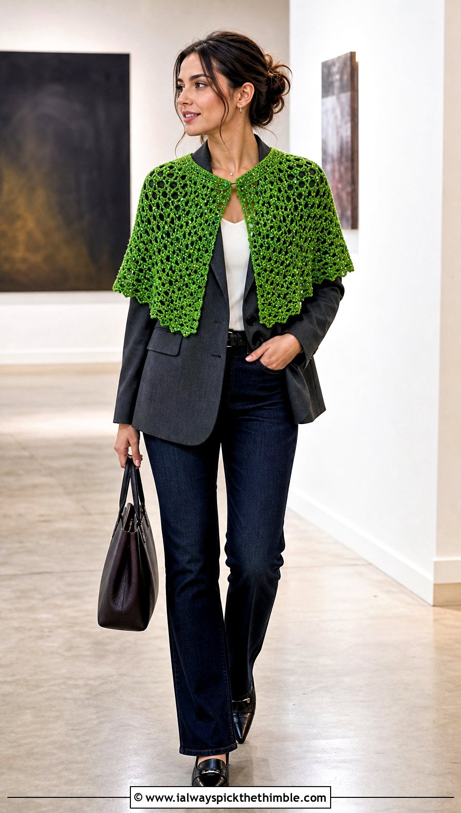 Beaded Crochet Caplet Shawl With Blazer And Straight Jeans - 20 crochet caplet shawl outfit ideas