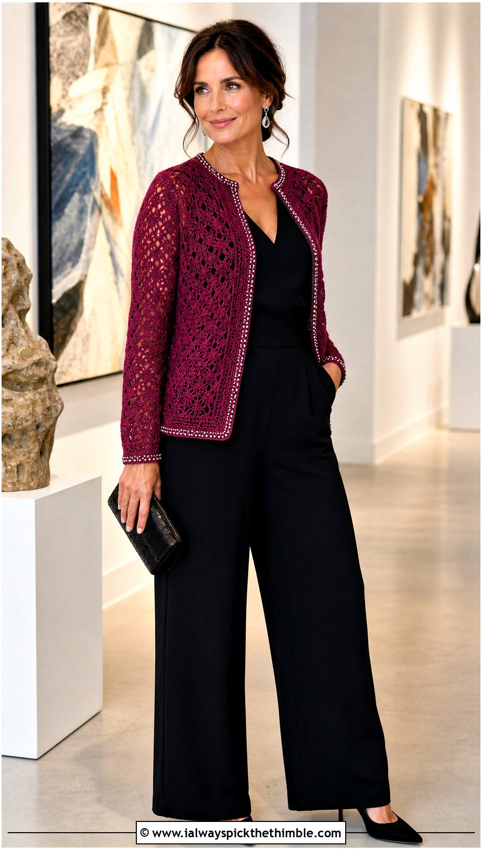 Beaded Crochet Cardigan With Black Jumpsuit - 20 fast crochet cardigan outfit ideas
