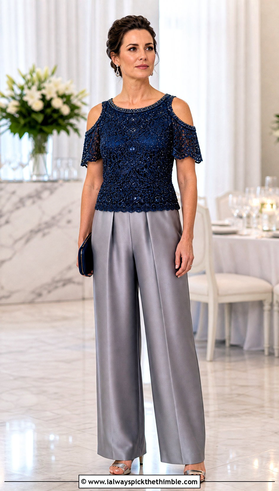 Beaded Crochet Cold Shoulder Top With Evening Trousers - 25 crochet cold shoulder top outfit ideas