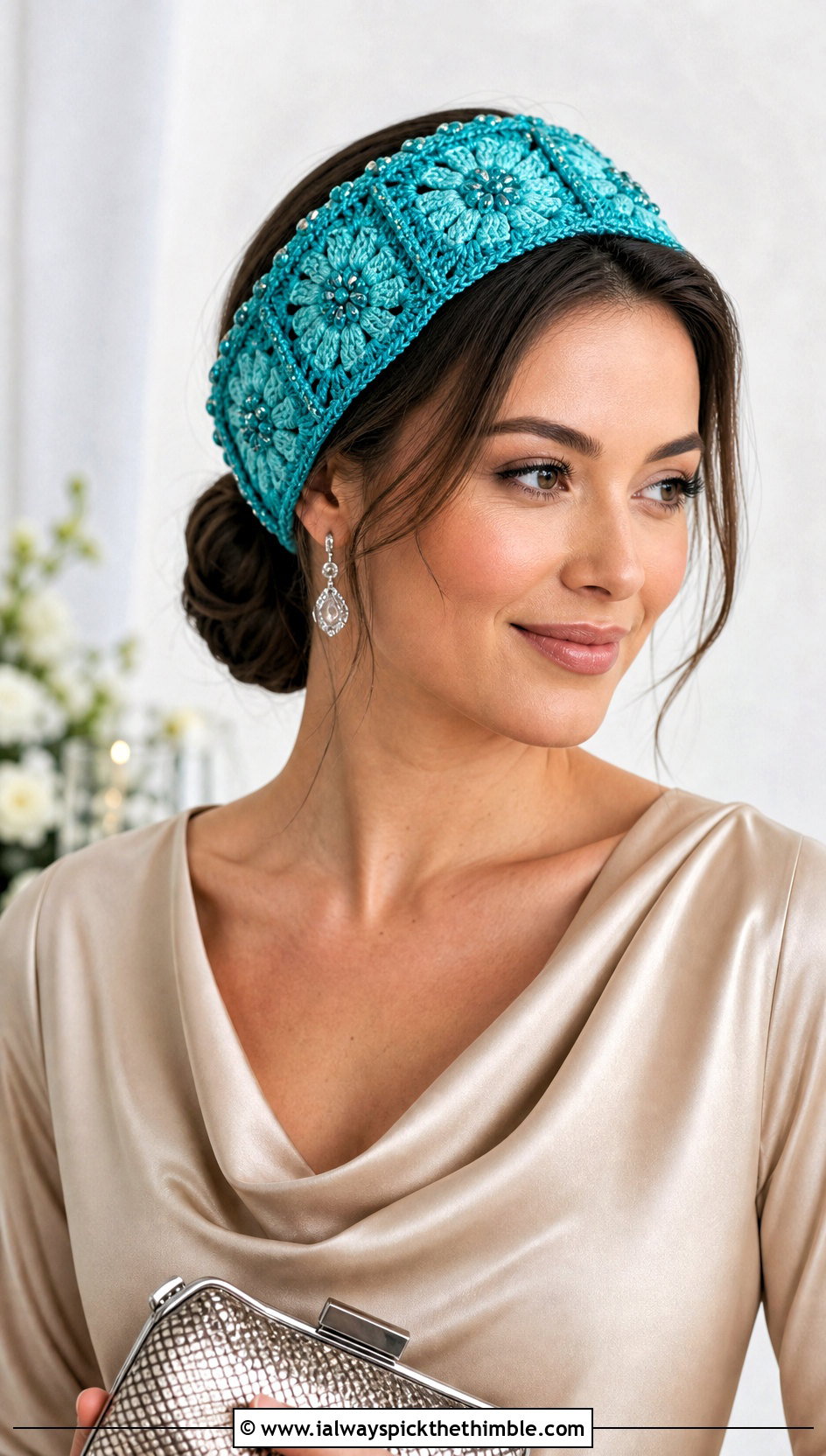 Beaded Crochet Granny Square Headband With Evening Outfit - 15 Crochet Granny Square Headband outfit ideas