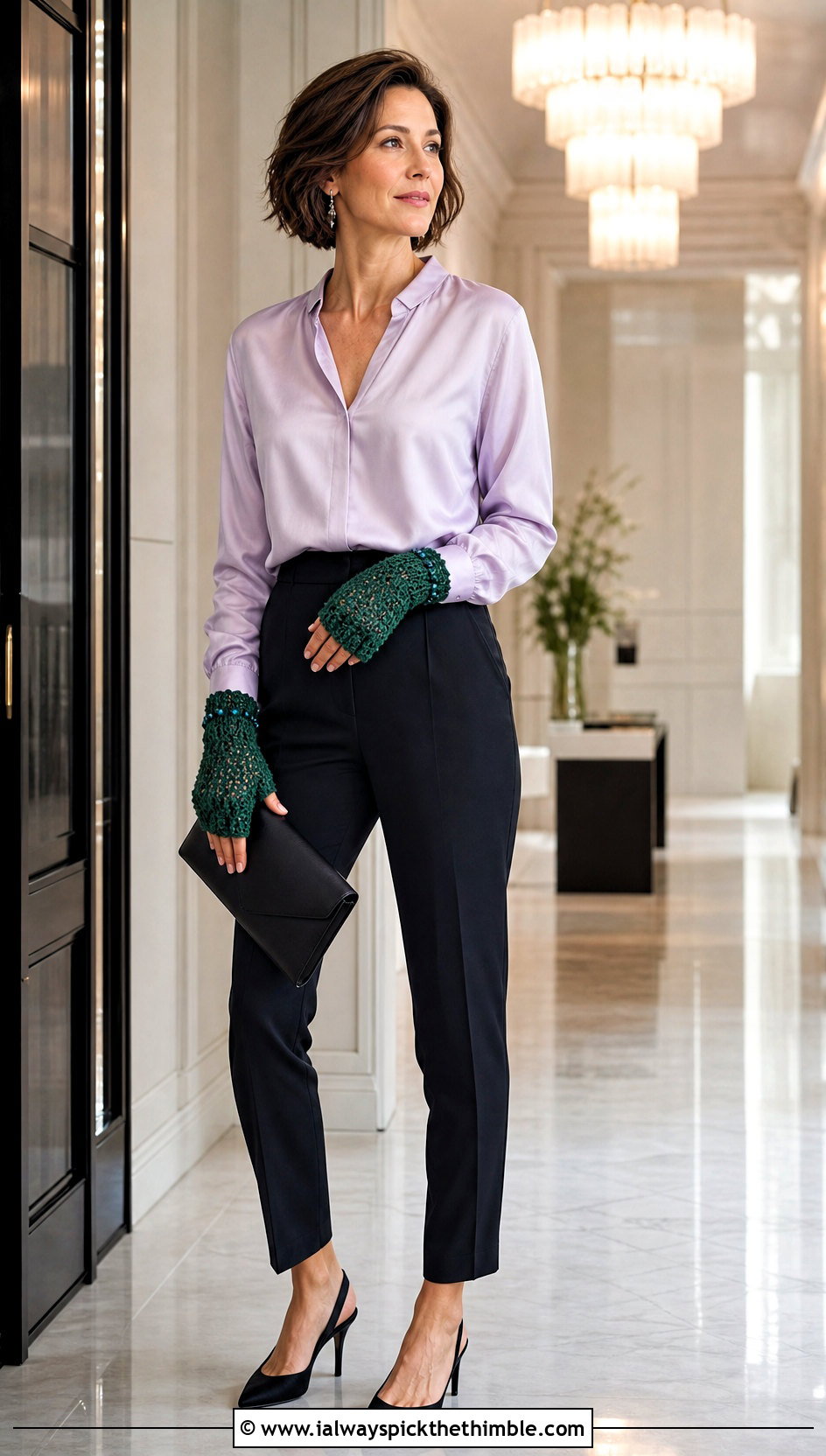 Beaded Crochet Half Finger Gloves With Satin Blouse - 20 crochet half finger gloves outfit ideas