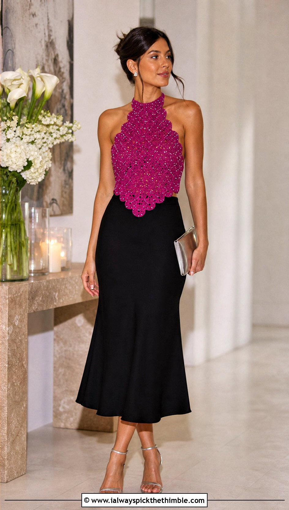 Beaded Crochet Halter Neck With Black Midi Skirt - 20 crochet halter neck outfit ideas
