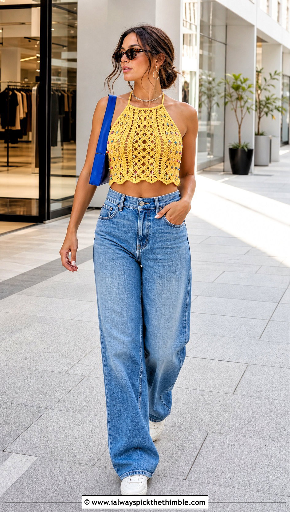 Beaded Crochet Halter Top With Wide Leg Jeans - 15 crochet lace top with beads outfit ideas