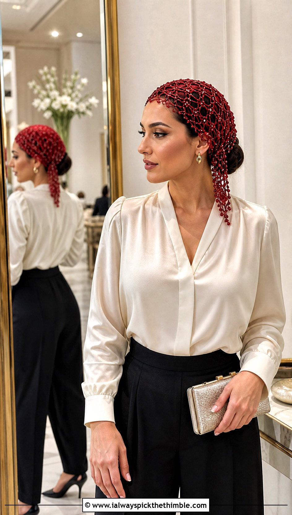 Beaded Crochet Head Scarf With Satin Blouse - 25 crochet head scarf outfit ideas