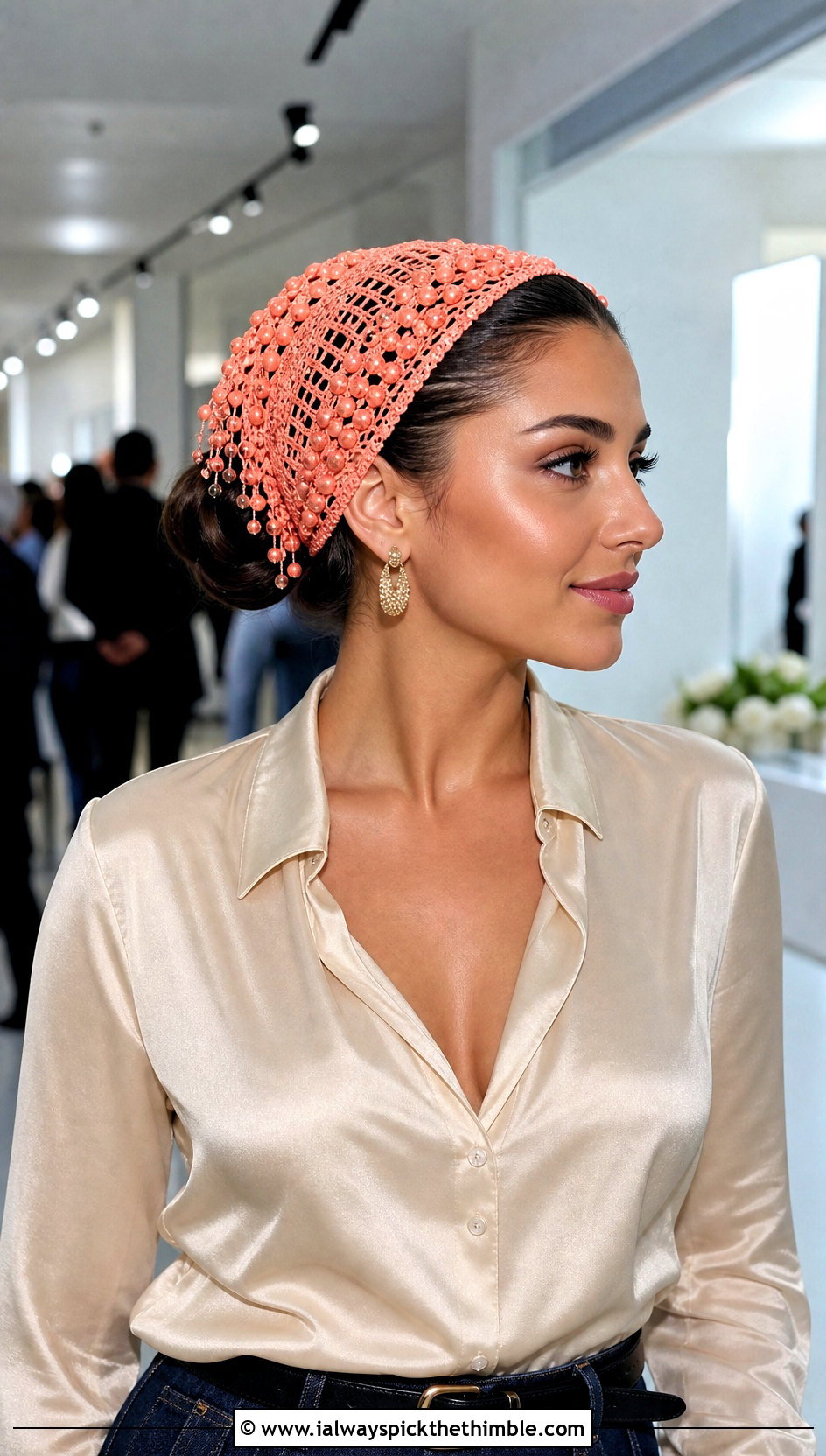 Beaded Crochet Head Scarf With Satin Blouse - 20 Crochet Boho Head Scarf outfit ideas