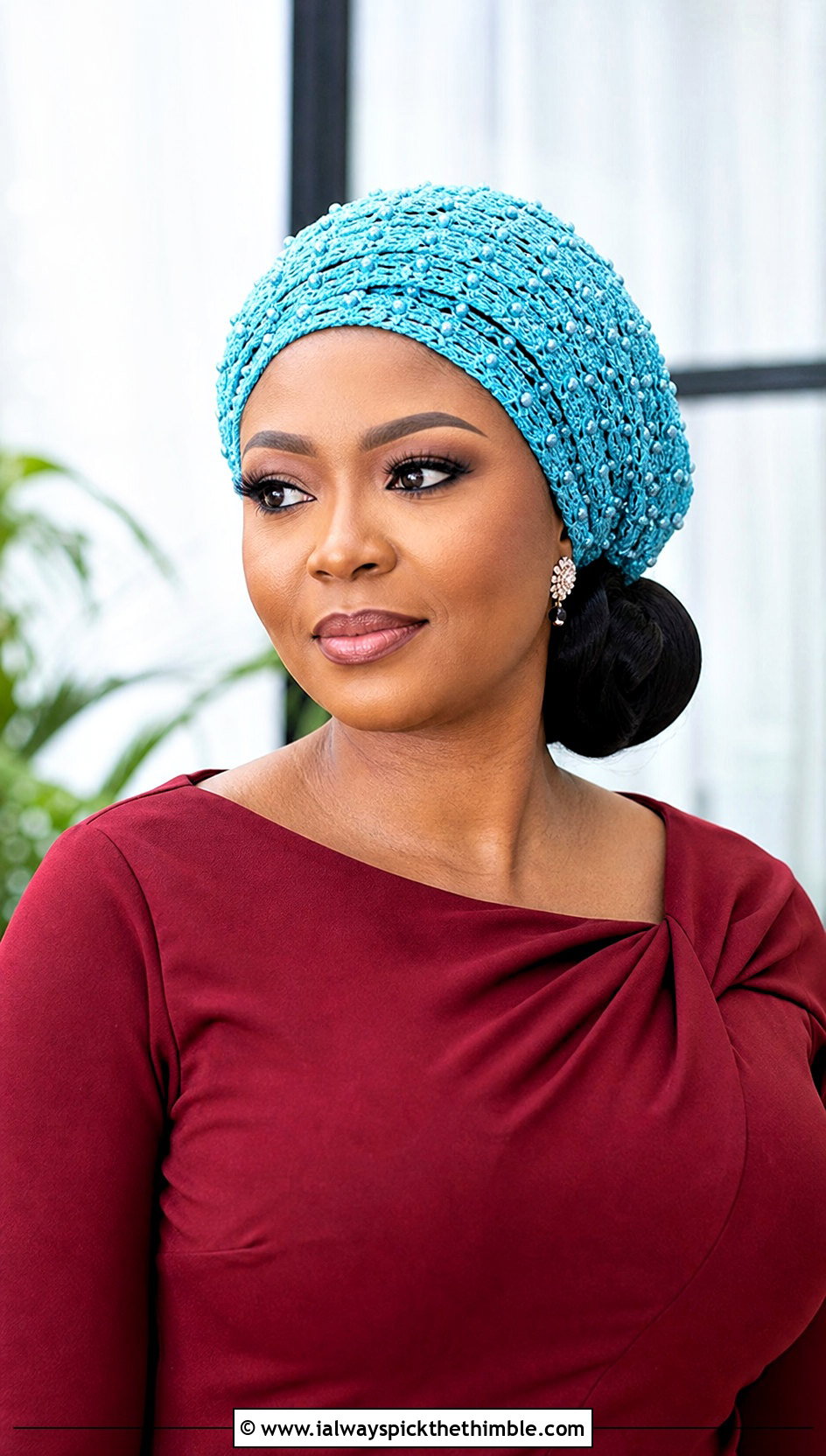 Beaded Crochet Head Wrap With Tailored Maxi Dress - 20 crochet head wrap outfit ideas