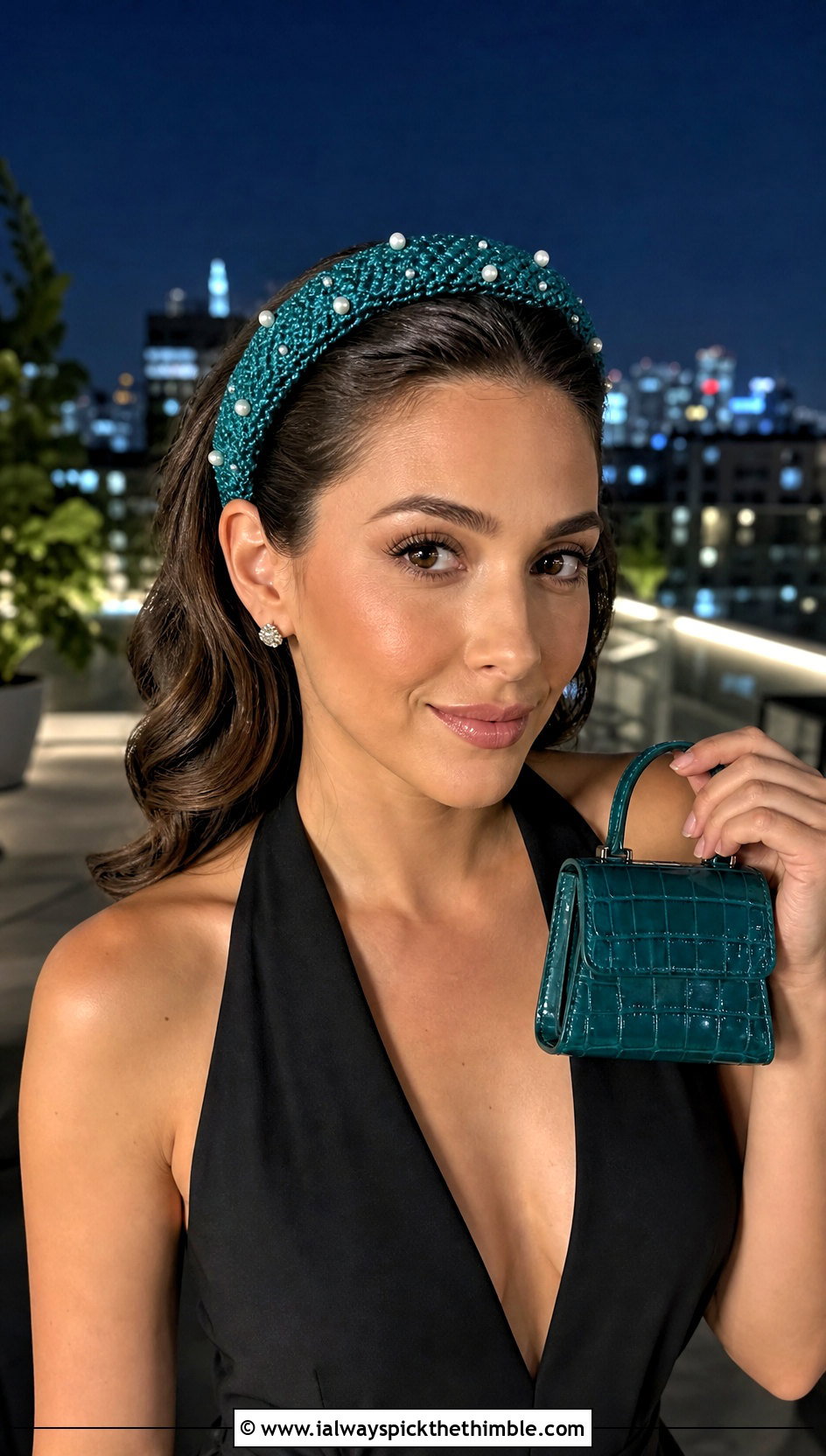 Beaded Crochet Headband With Black Jumpsuit - 15 summer crochet headband outfit ideas