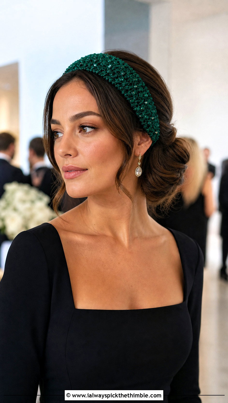 Beaded Crochet Headband With Black Midi Dress - 20 simple crochet head bands outfit ideas