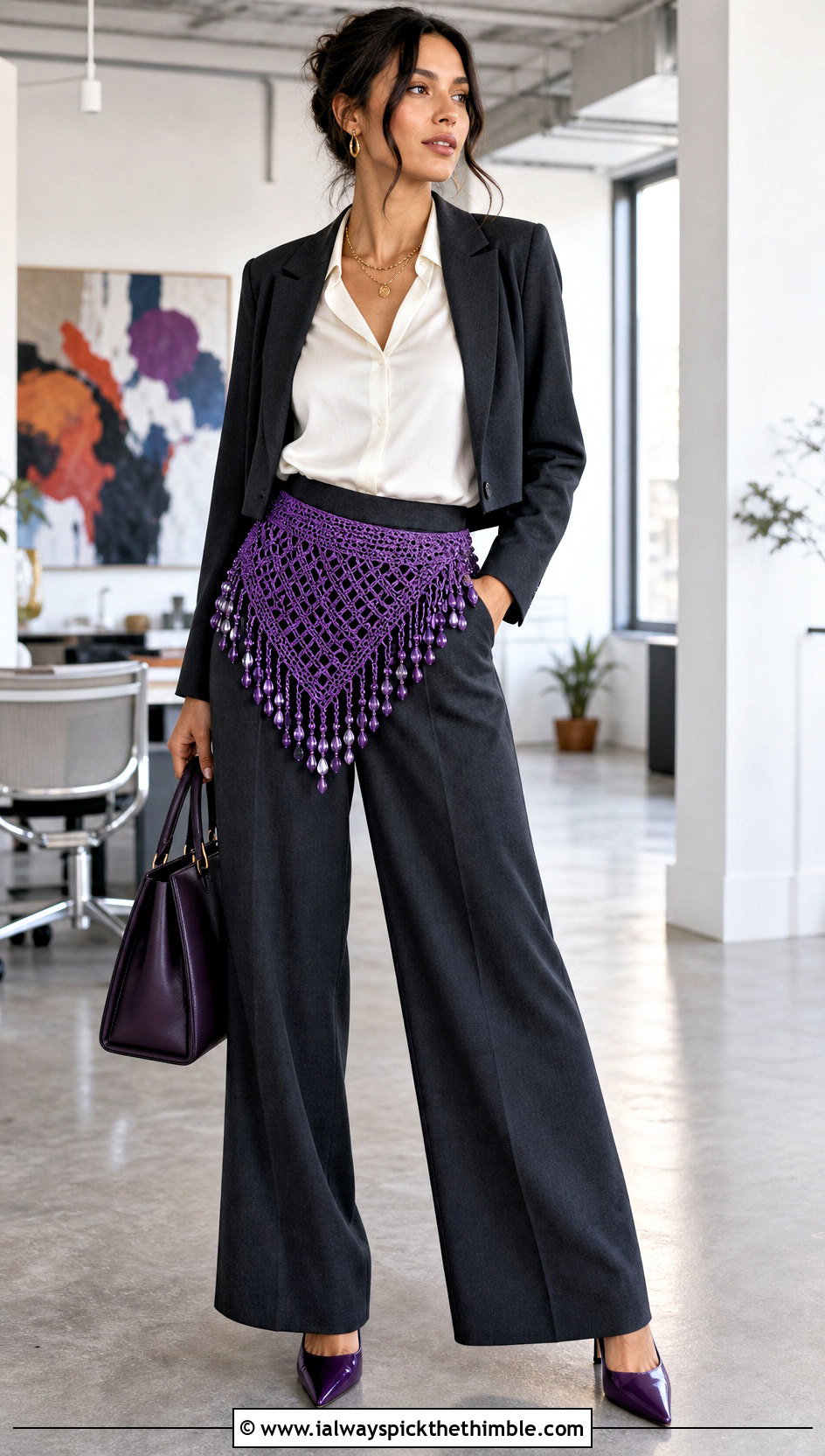Beaded Crochet Hip Scarf With Tailored Trousers - 20 Crochet Hip Scarf outfit ideas