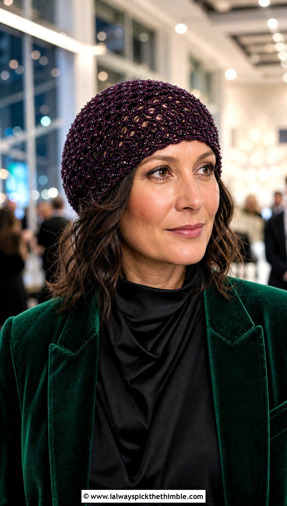 Beaded Crochet Lace Beanie With Velvet Blazer - 20 crochet lace beanie outfit ideas