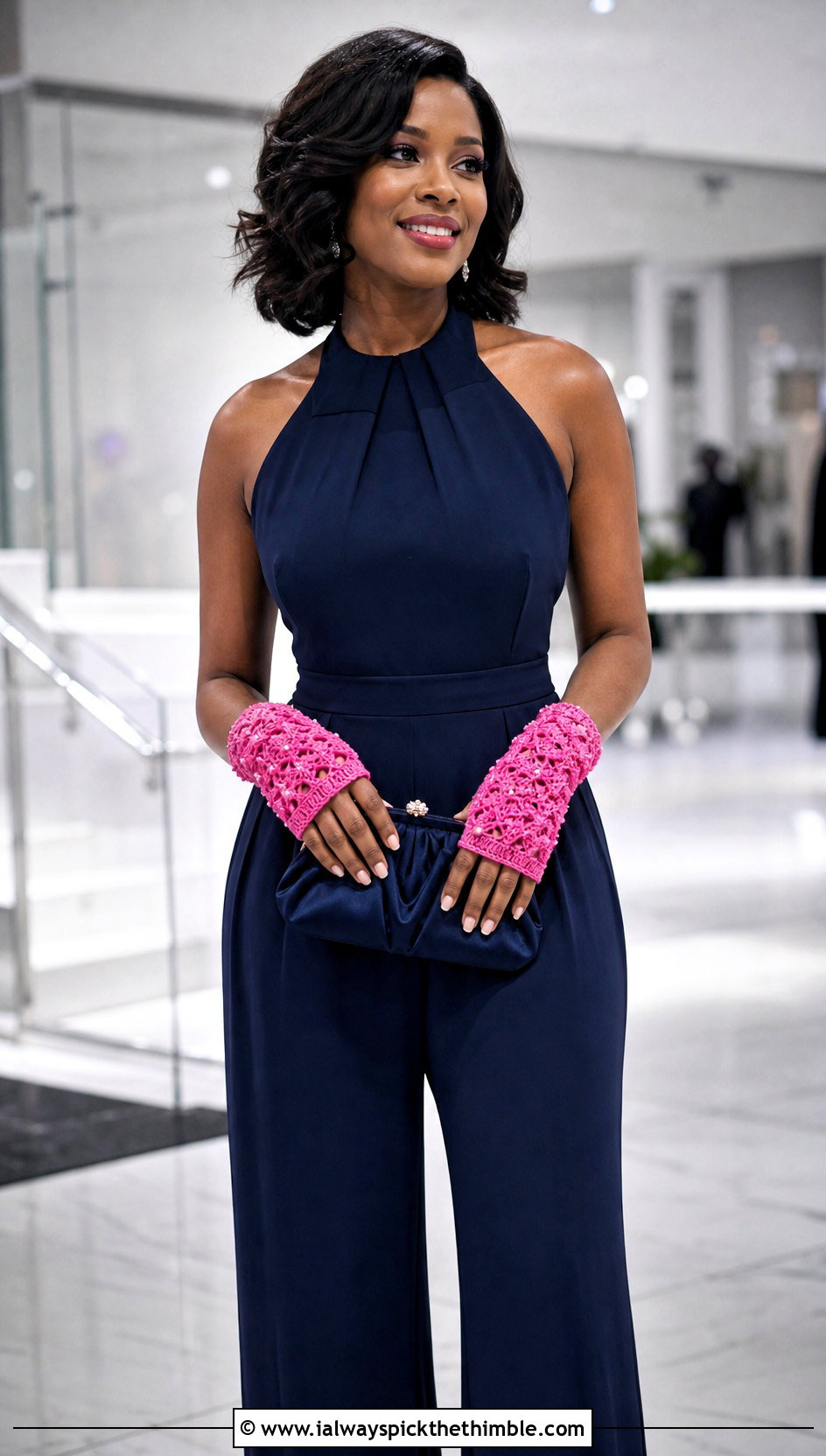 Beaded Crochet Lace Hand Warmers With Evening Jumpsuit - 20 Crochet Lace Hand Warmers outfit ideas