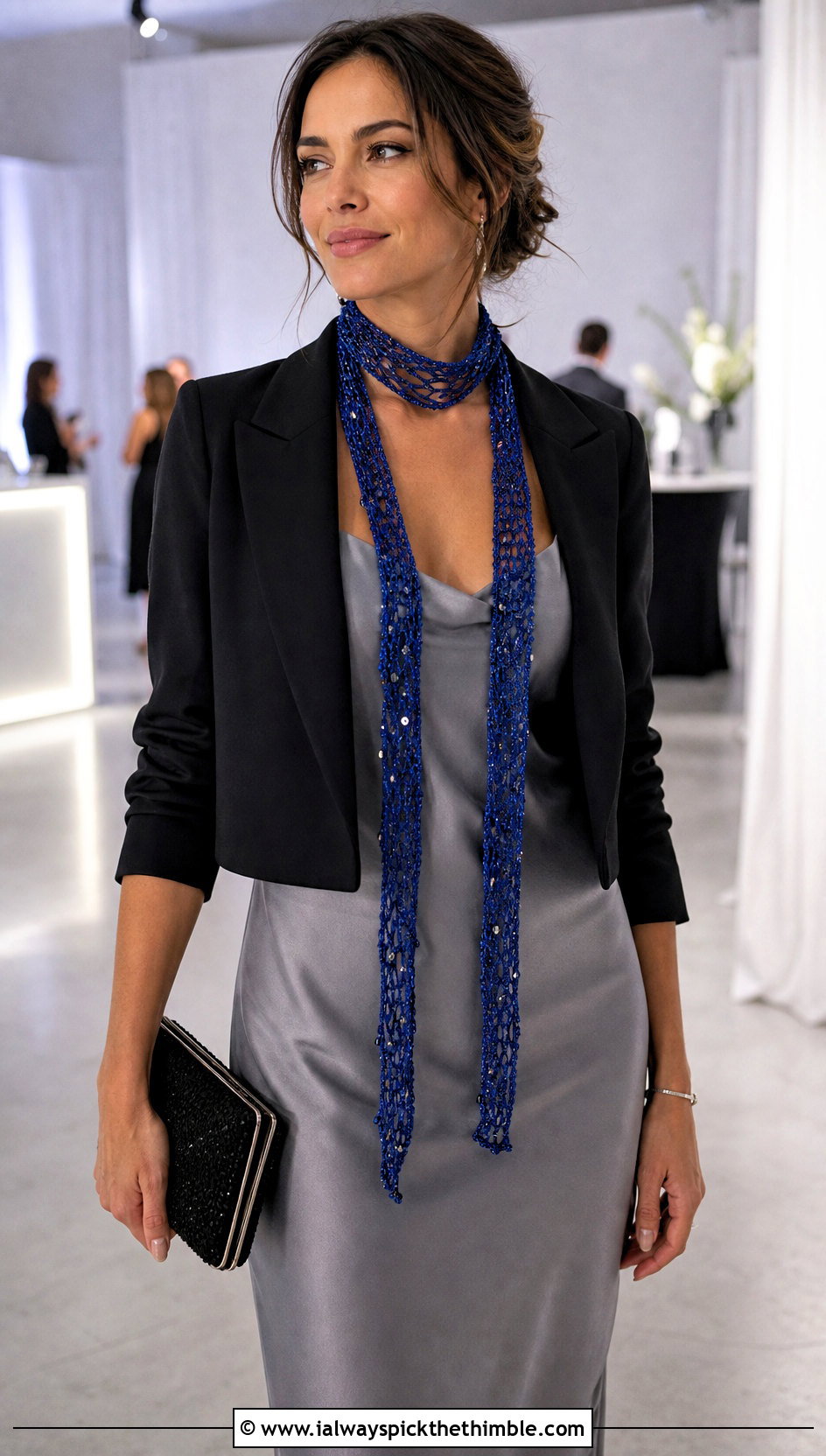 Beaded Crochet Lariat Scarf With Slip Dress - 20 Crochet Fun Scarf outfit ideas