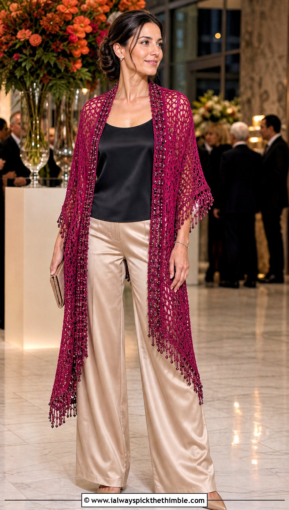 Beaded Crochet Long Shawl With Satin Trousers - 20 Crochet Long Shawl outfit ideas