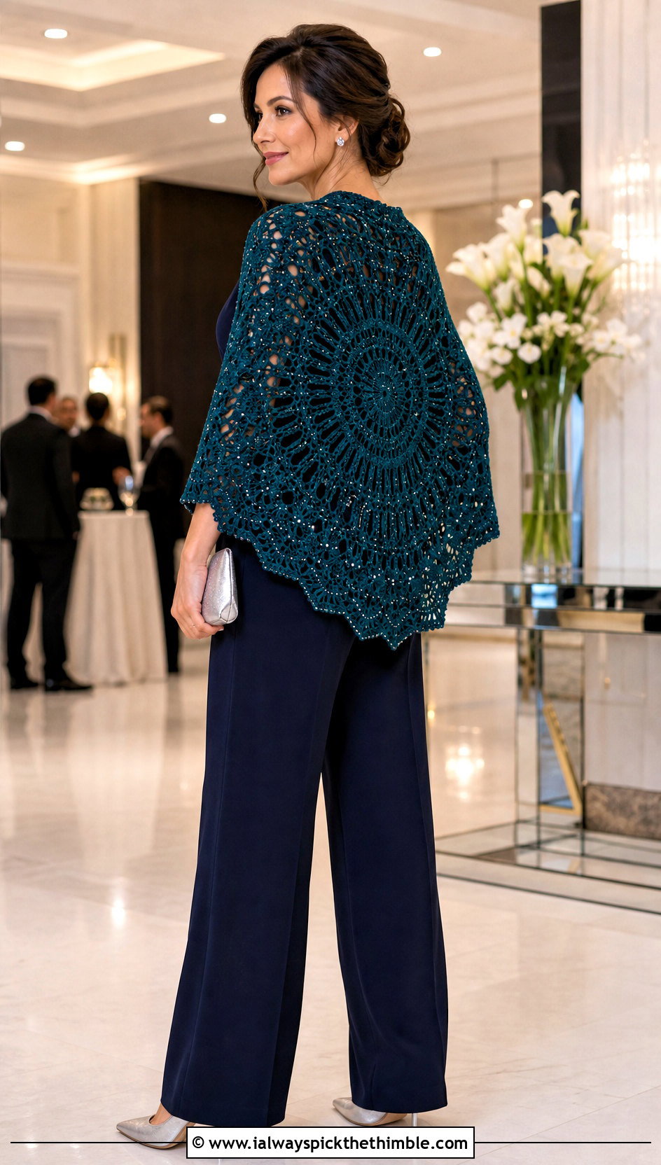 Beaded Crochet Mandala Shawl With Evening Jumpsuit - 20 Crochet Mandala Shawl outfit ideas