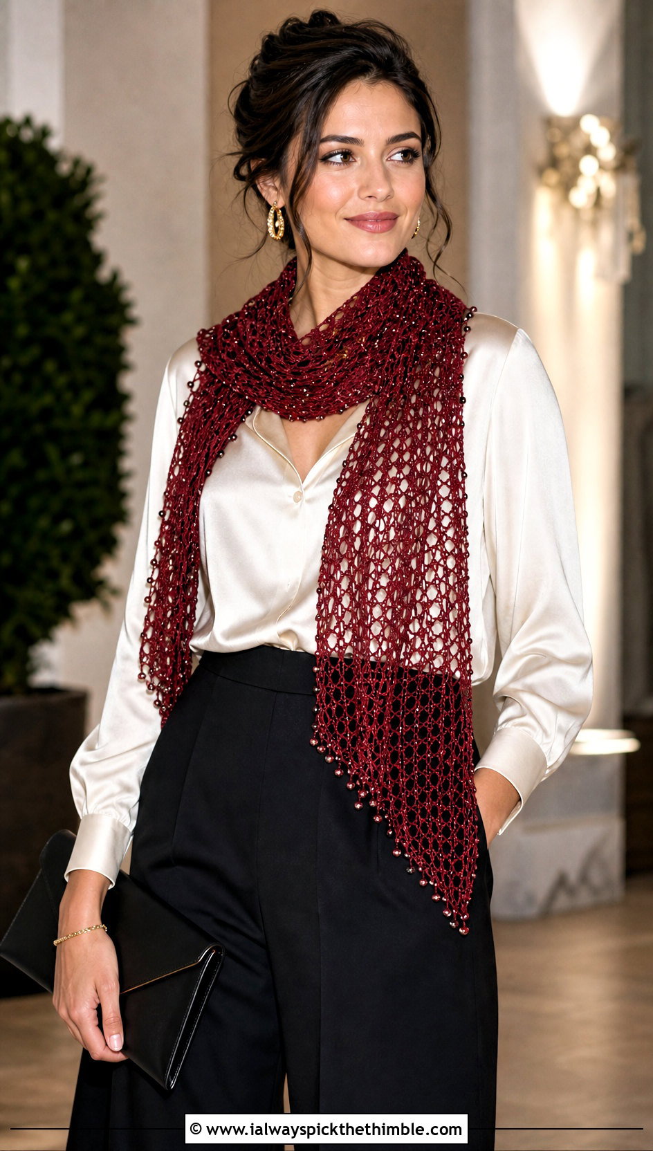 Beaded Crochet Mesh Scarf With Satin Blouse And Wide Leg Trousers - 20 Crochet Mesh Scarf outfit ideas