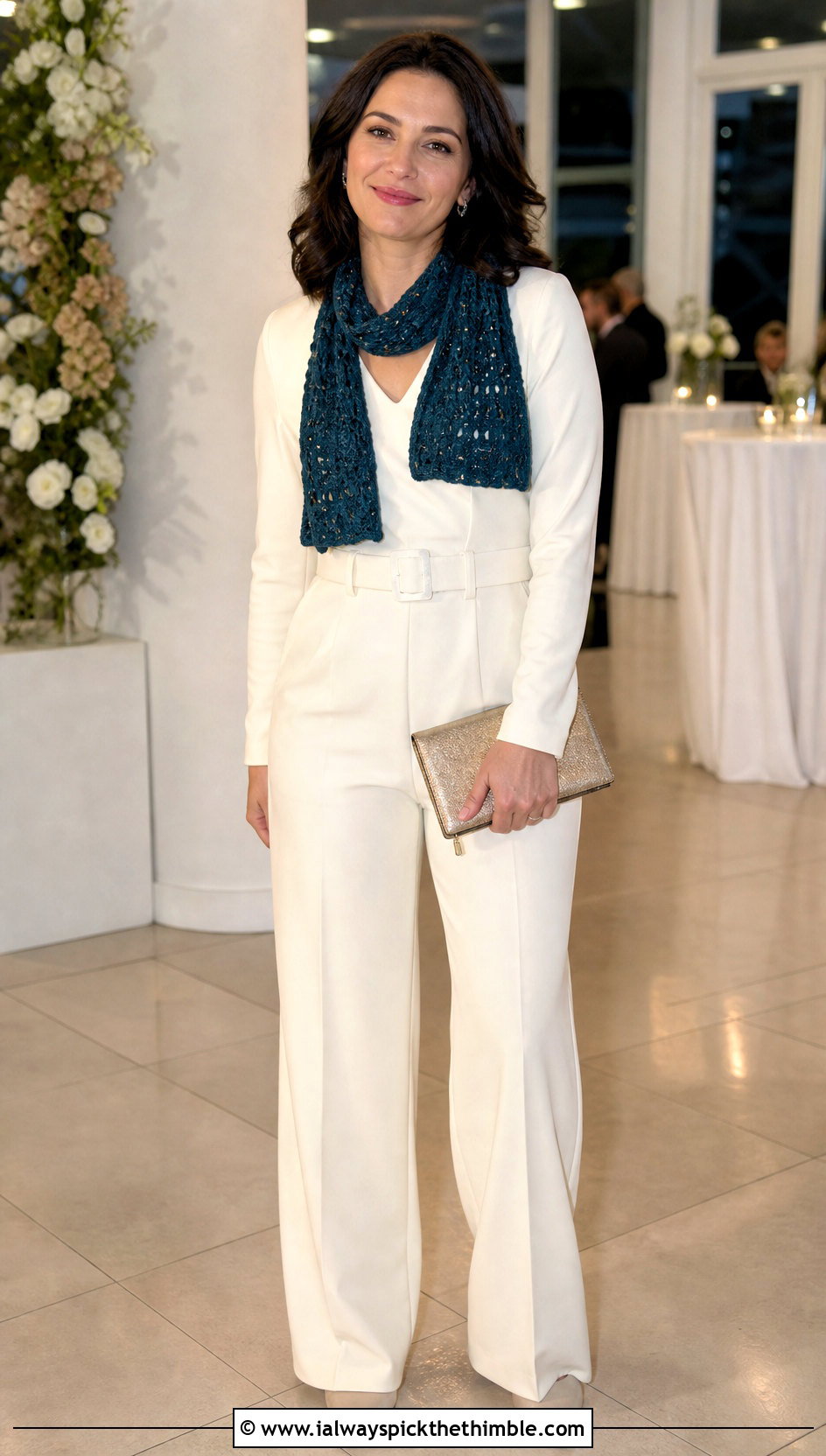 Beaded Crochet Mini Scarf With Jumpsuit And Pointed Flats - 25 crochet mini scarf outfit ideas