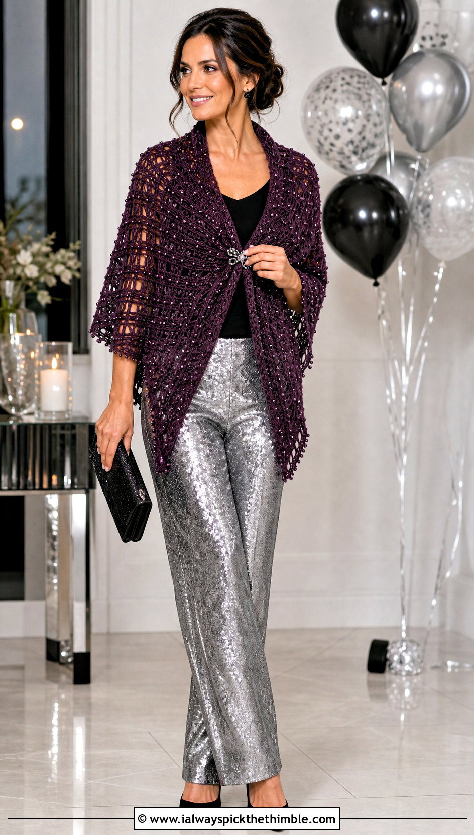 Beaded Crochet Outlander Shawl With Sequin Pants - 25 crochet outlander shawl outfit ideas