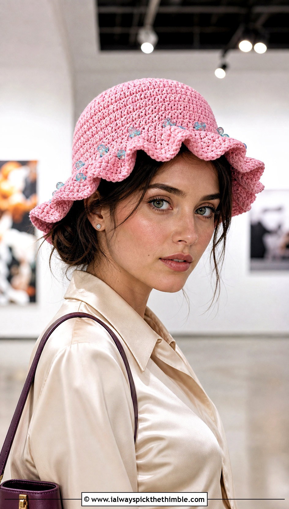 Beaded Crochet Ruffle Bucket Hat With Satin Blouse - 25 crochet ruffle bucket hat outfit ideas