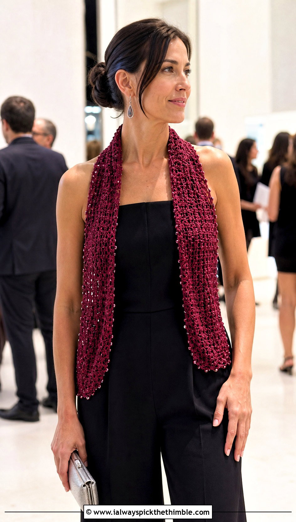 Beaded Crochet Scarf With Black Evening Jumpsuit - 25 small crochet scarf outfit ideas