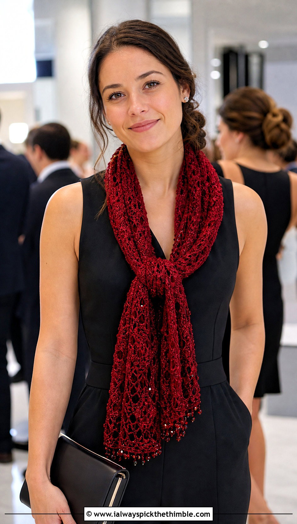 Beaded Crochet Scarf With Black Jumpsuit - 25 crochet neck scarf outfit ideas