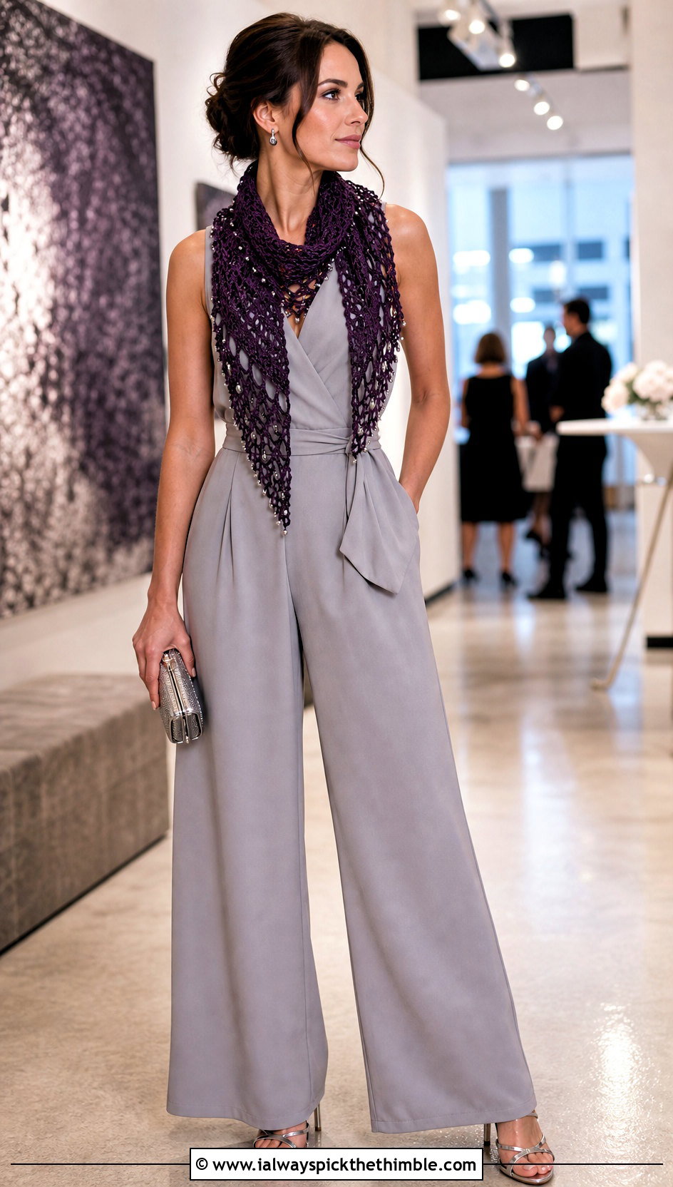 Beaded Crochet Scarf With Evening Jumpsuit - 25 crochet scarf outfit ideas