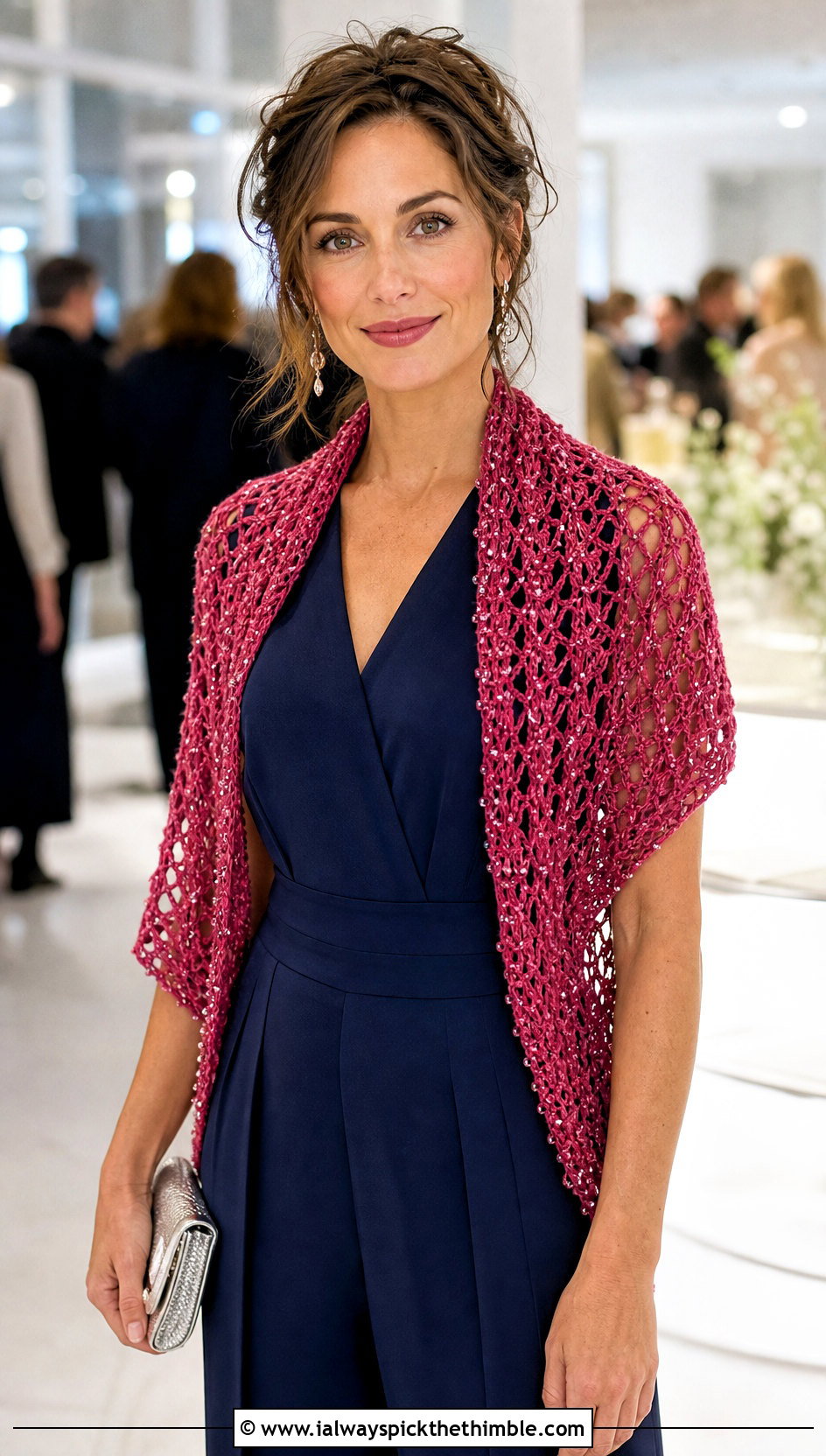 Beaded Crochet Scarf With Evening Jumpsuit - 15 Crochet Fancy Scarf outfit ideas
