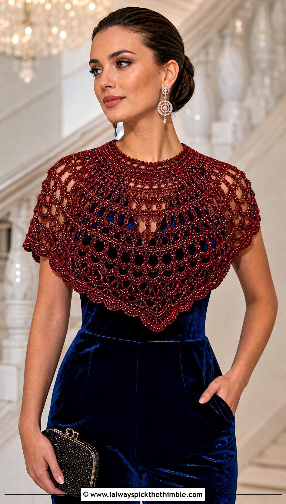 Beaded Crochet Semi Circle Shawl With Velvet Jumpsuit - 20 Crochet Semi Circle Shawl outfit ideas