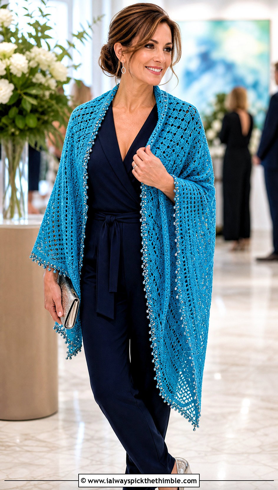 Beaded Crochet Shawl With Tailored Jumpsuit - 20 Spring Crochet Shawl outfit ideas