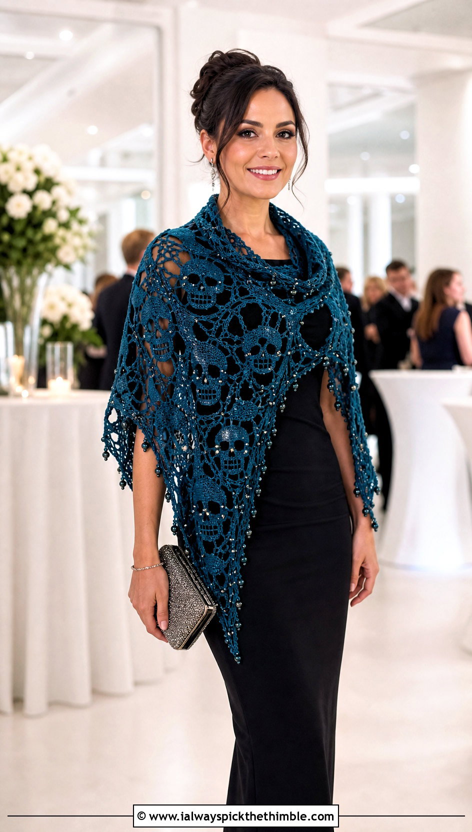 Beaded Crochet Skull Shawl With Column Dress - 25 crochet skull shawl outfit ideas