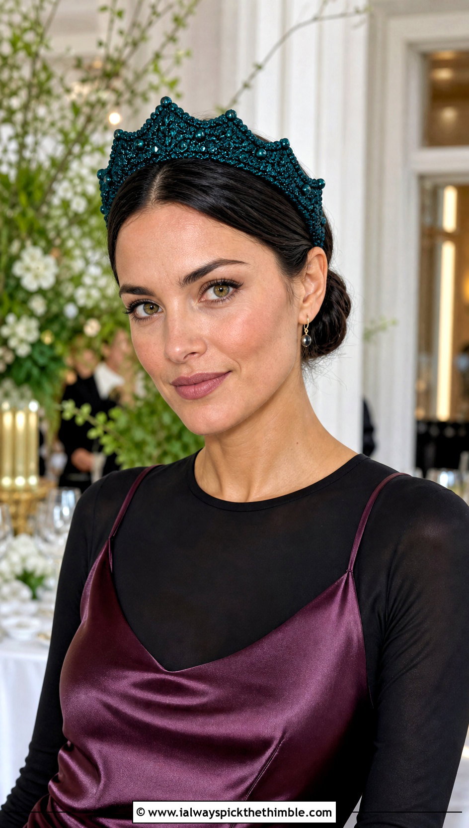 Beaded Crochet Tiara Headband With Satin Slip Dress - 20 crochet tiara headband outfit ideas