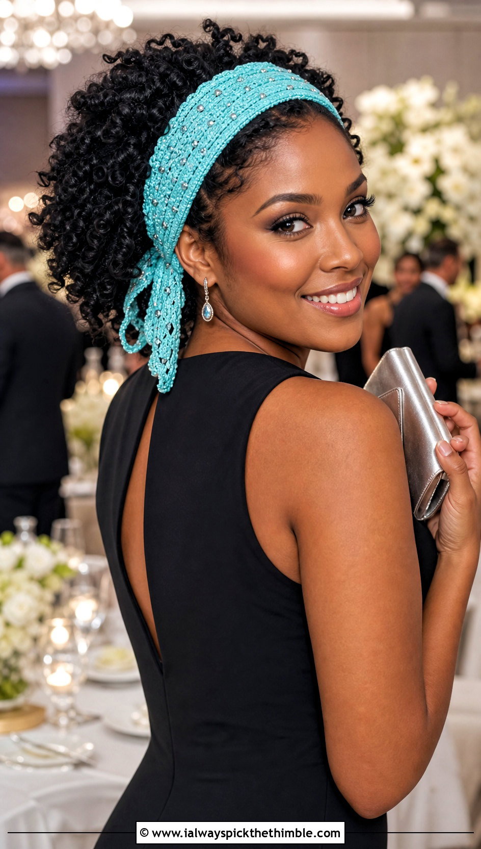 Beaded Crochet Tie Headband With Black Maxi Dress - 25 crochet tie headband outfit ideas