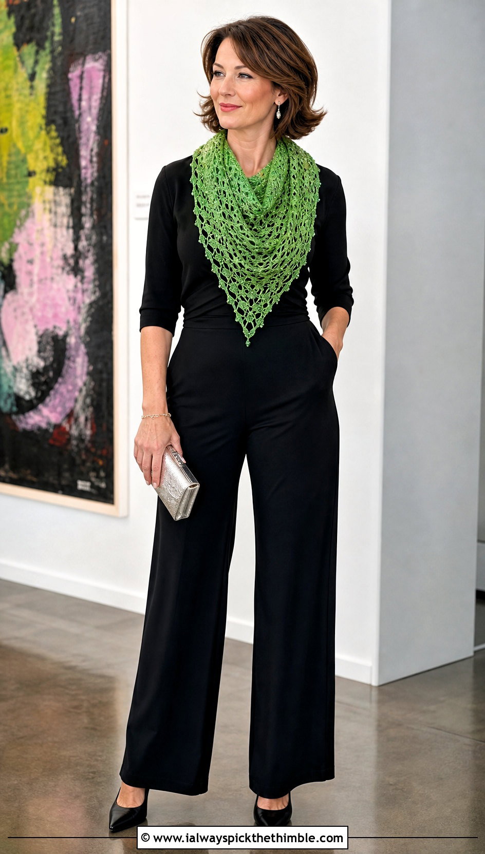 Beaded Crochet Triangle Scarf With Black Jumpsuit And Heels - 25 crochet triangle scarf outfit ideas