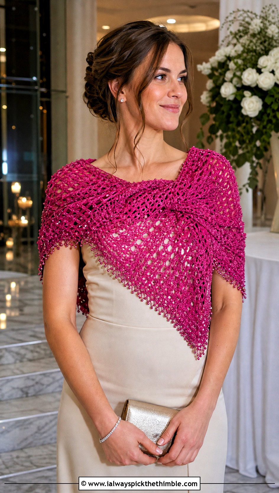 Beaded Crochet Triangle Shawl With Minimalist Column Dress - 25 crochet triangle shawl outfit ideas