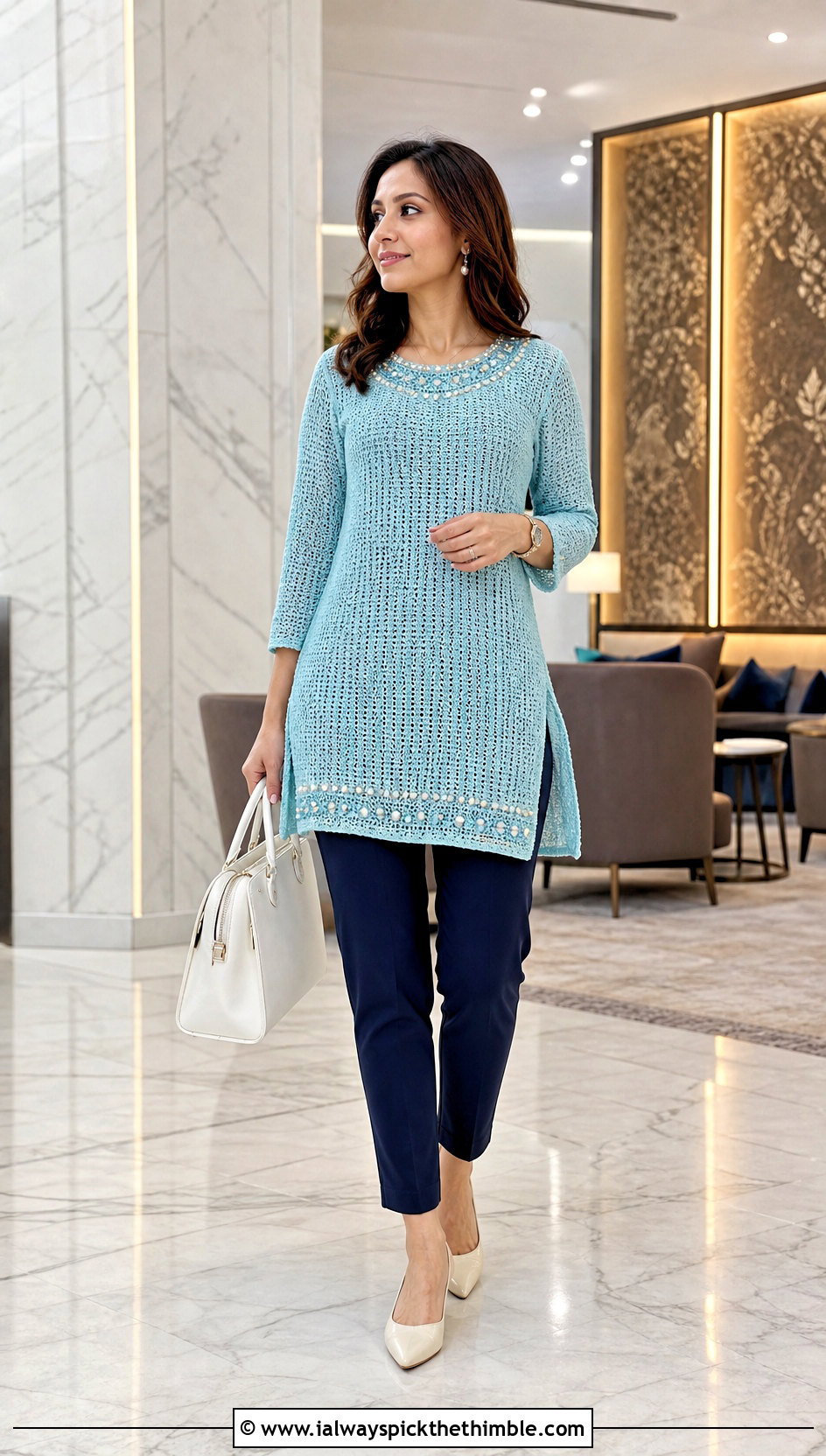 Beaded Crochet Tunic Top With Slim Pants - 25 Crochet Top With Beads outfit ideas