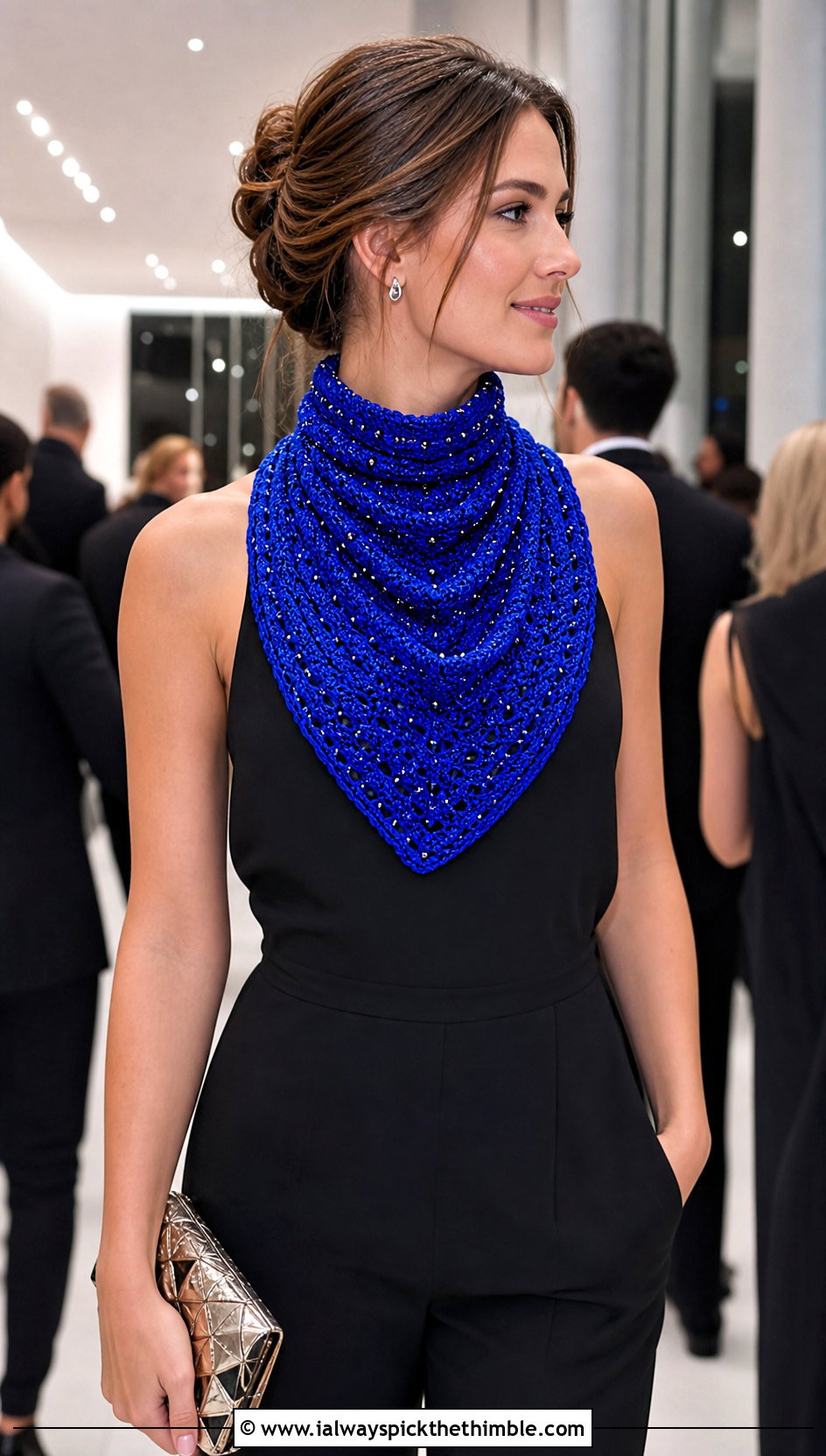 Beaded Crochet Turtleneck Cowl With Black Jumpsuit - 20 Crochet Turtleneck Cowl outfit ideas