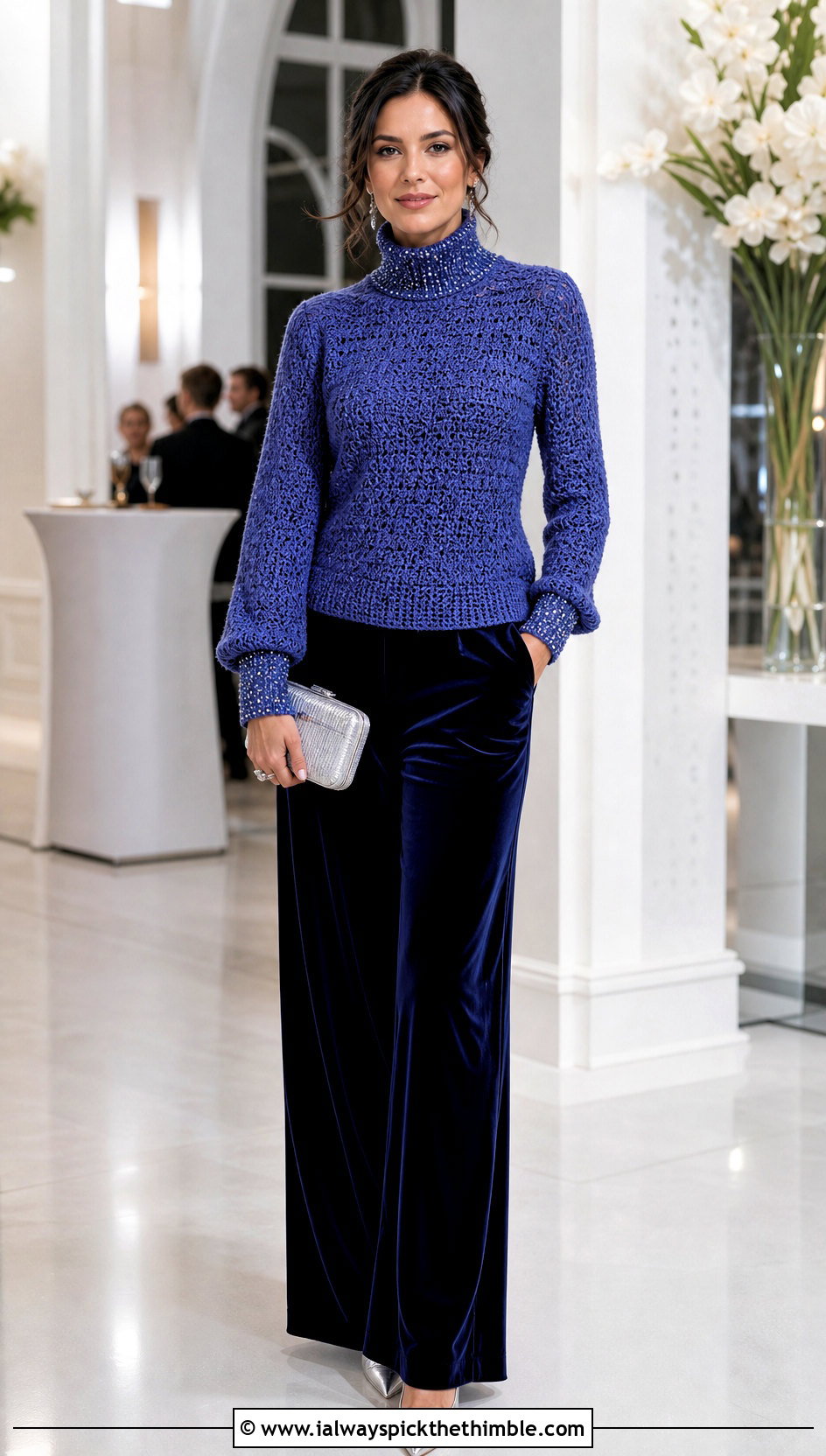 Beaded Crochet Turtleneck Sweater With Velvet Trousers - 20 crochet turtleneck sweater outfit ideas