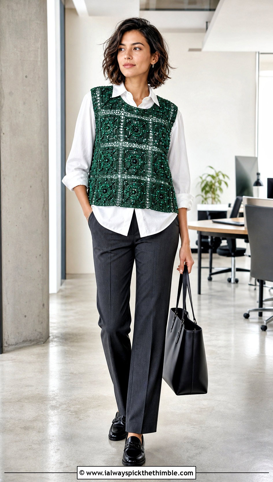 Beaded Crochet Vest Top With White Button Down Shirt - 25 Crochet Top With Beads outfit ideas