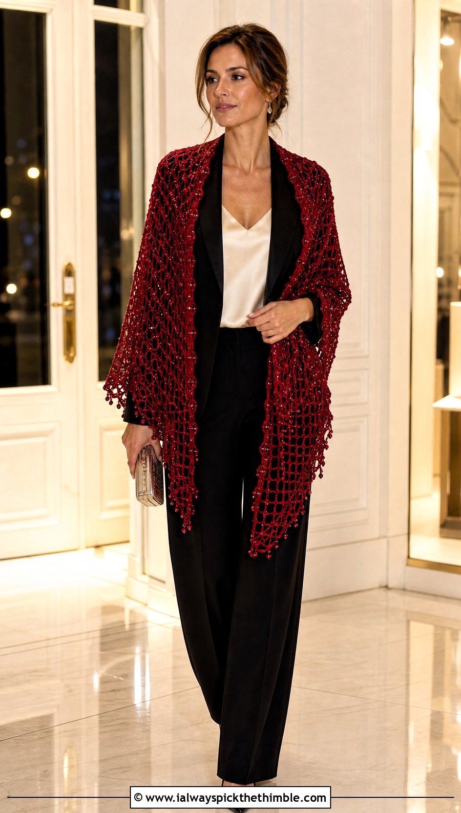 Beaded Crochet Wrap Shawl With Evening Suit - 25 crochet wrap shawl outfit ideas