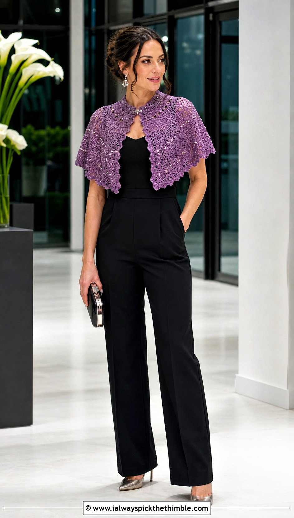 Beaded Crocheted Capelet With Tailored Jumpsuit - 20 Crocheted Capelet outfit ideas