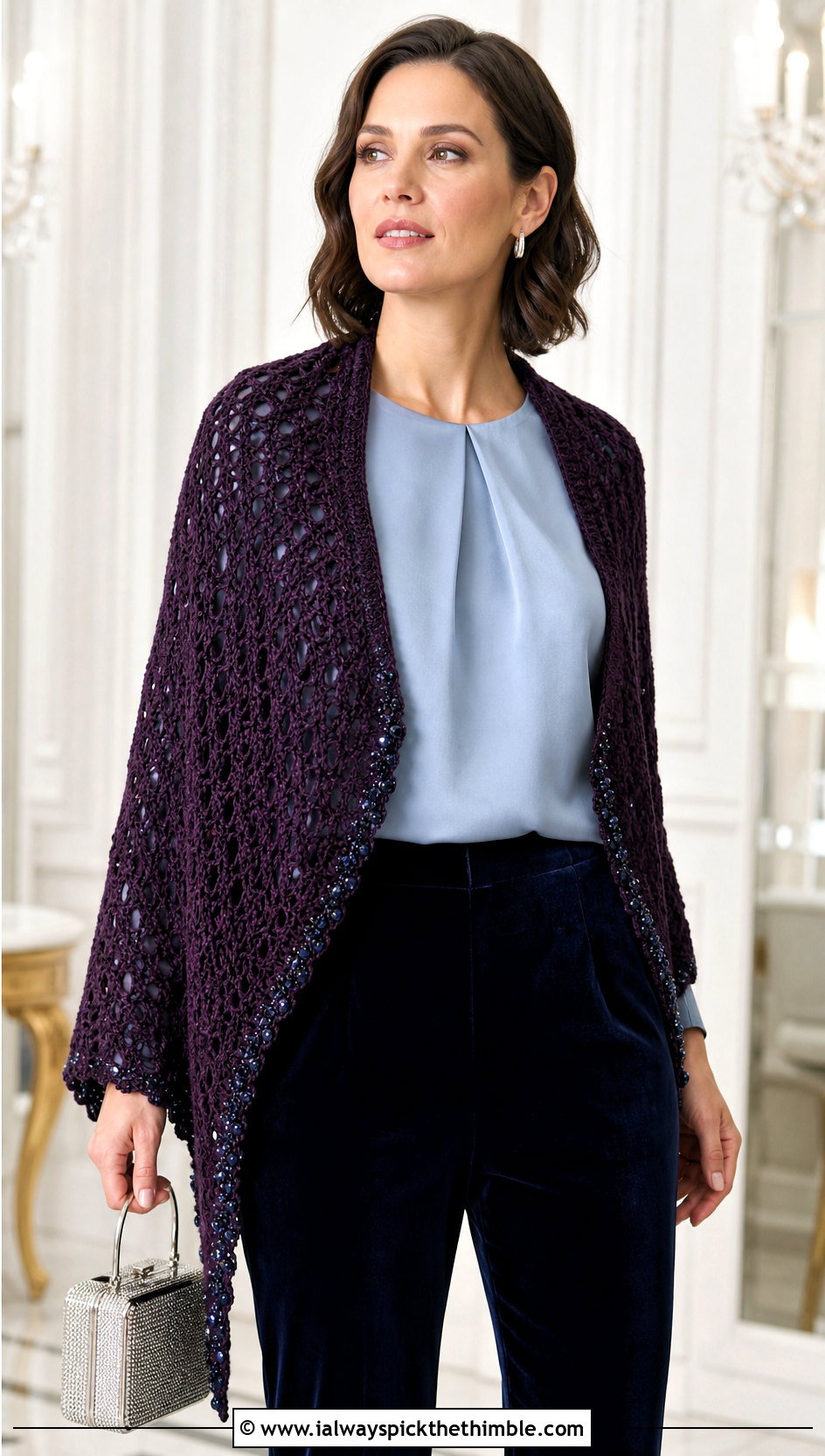 Beaded Crocheted Shawl With Velvet Pants - 20 Crocheted Shawl outfit ideas