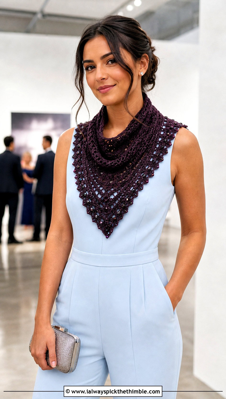 Beaded Crocheted Triangle Scarf With Jumpsuit And Heels - 20 Crocheted Triangle Scarf outfit ideas