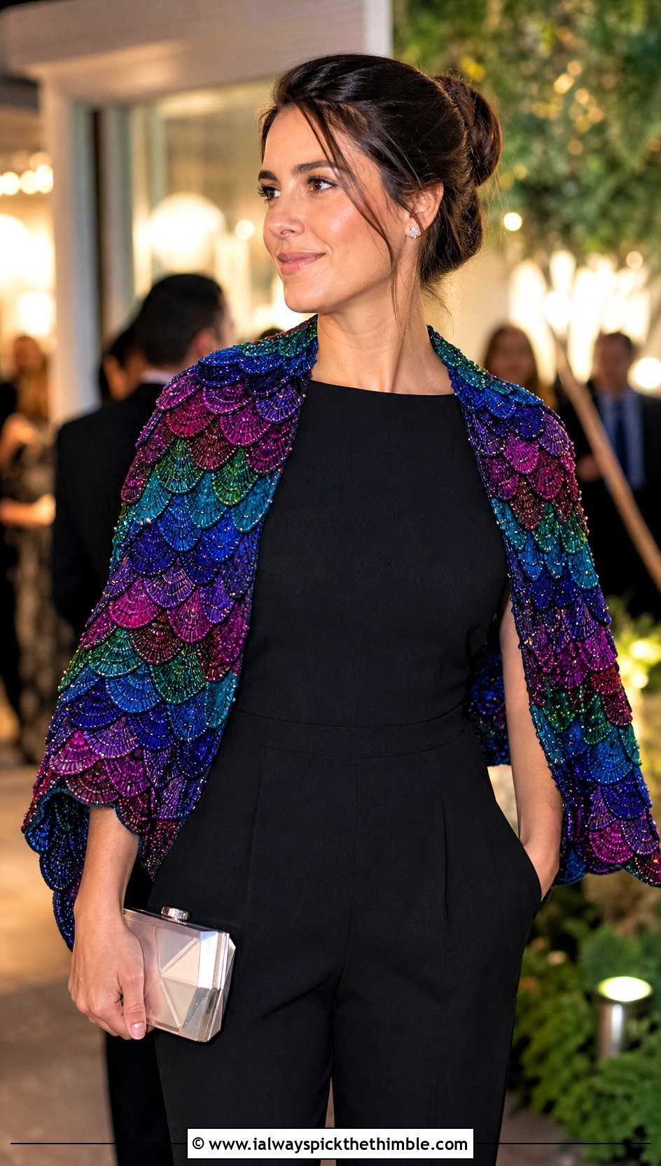 Beaded Crocodile Stitch Crochet Shawl With Black Jumpsuit - 15 crocodile stitch crochet shawl outfit ideas