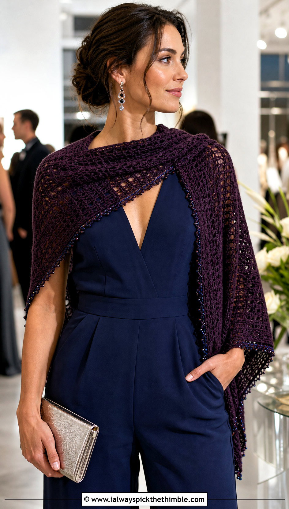 Beaded Edge Crochet Cashmere Scarf With Evening Jumpsuit - 20 crochet cashmere scarf outfit ideas