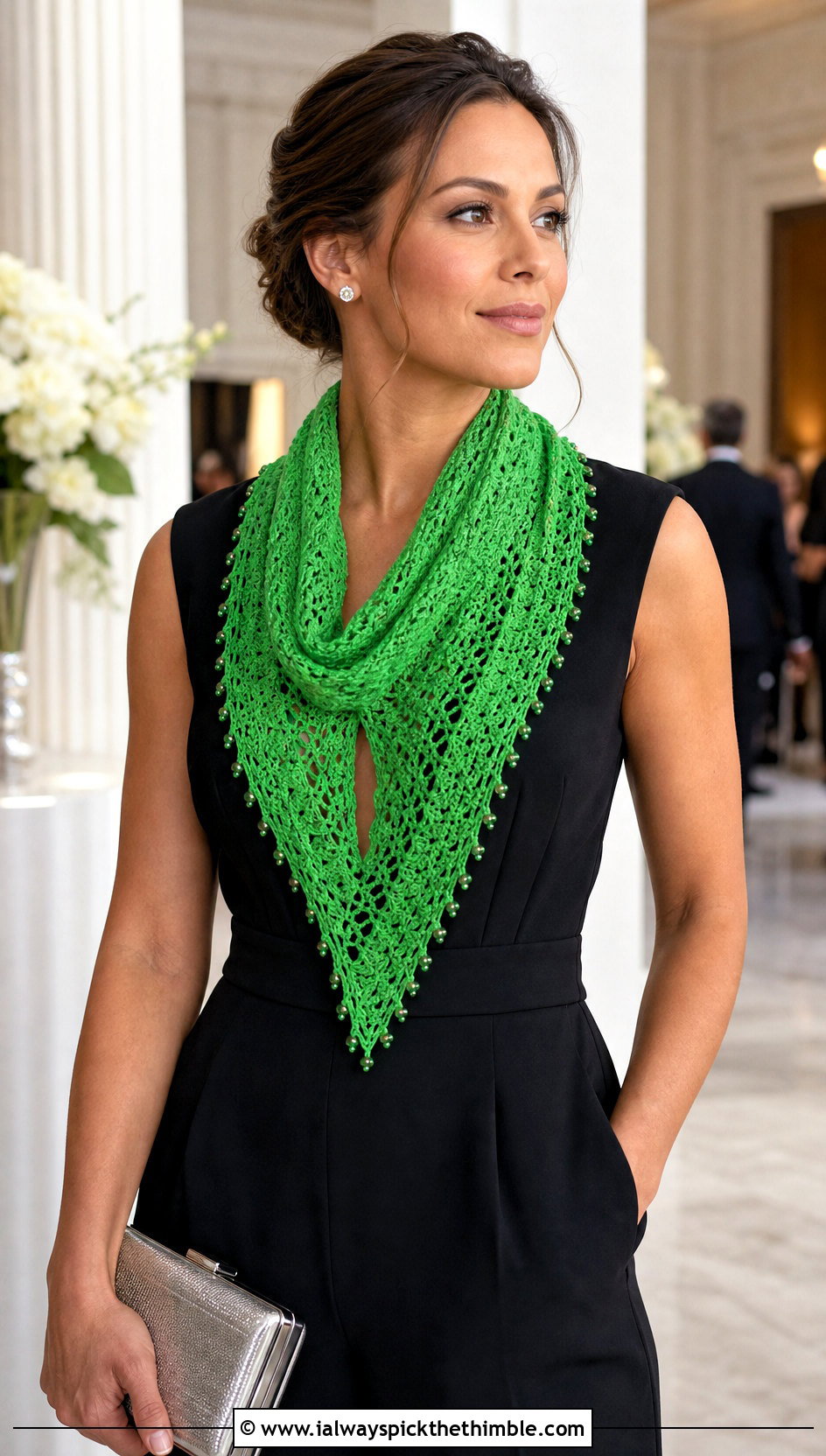 Beaded Edge Crochet Sophie Scarf With Jumpsuit And Heels - 25 crochet sophie scarf outfit ideas