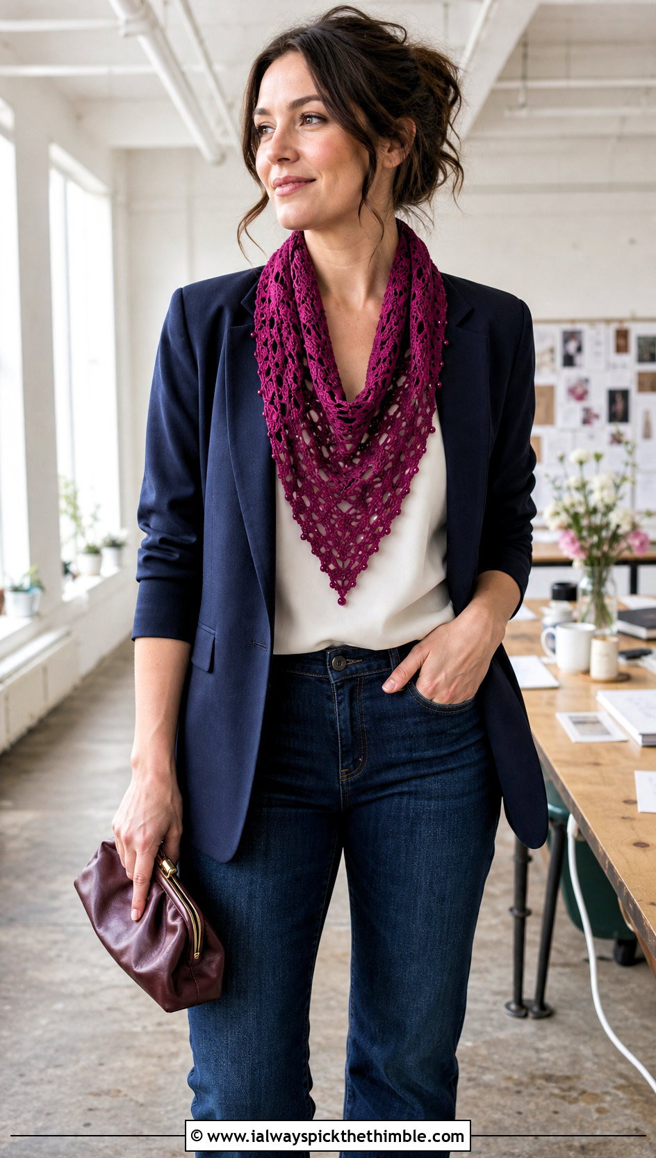 Beaded Fan Stitch DK Yarn Crochet Shawl With Blazer And Jeans - 20 Crochet Shawl Dk Yarn outfit ideas