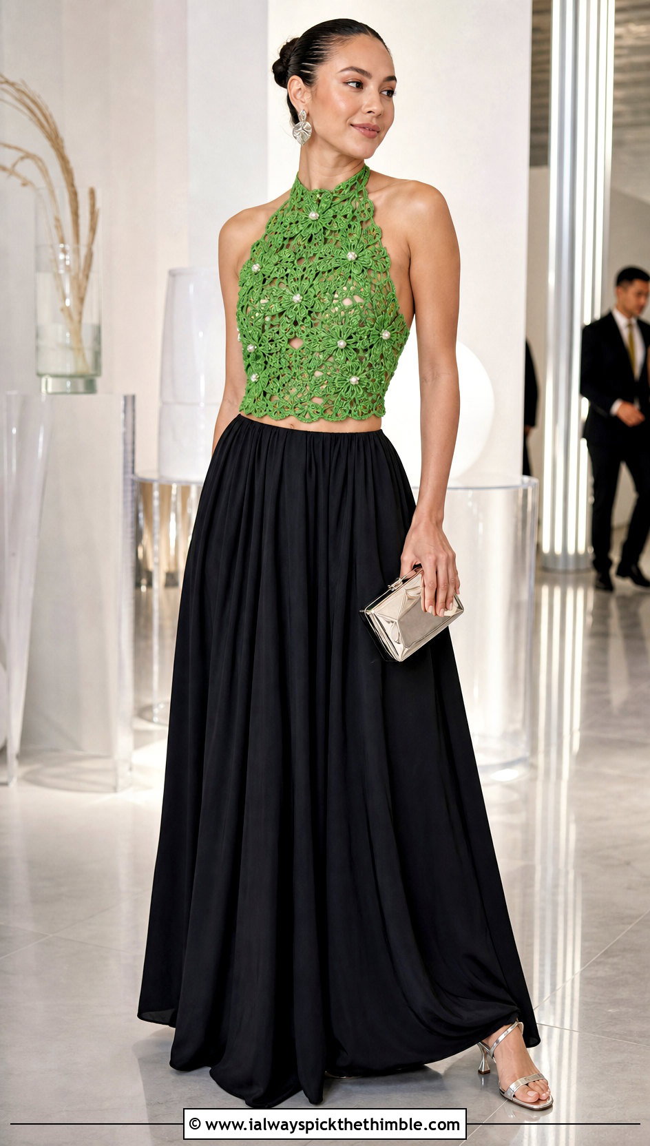 Beaded Floral Crochet Halter With Black Maxi Skirt - 15 floral crochet halter design outfit ideas