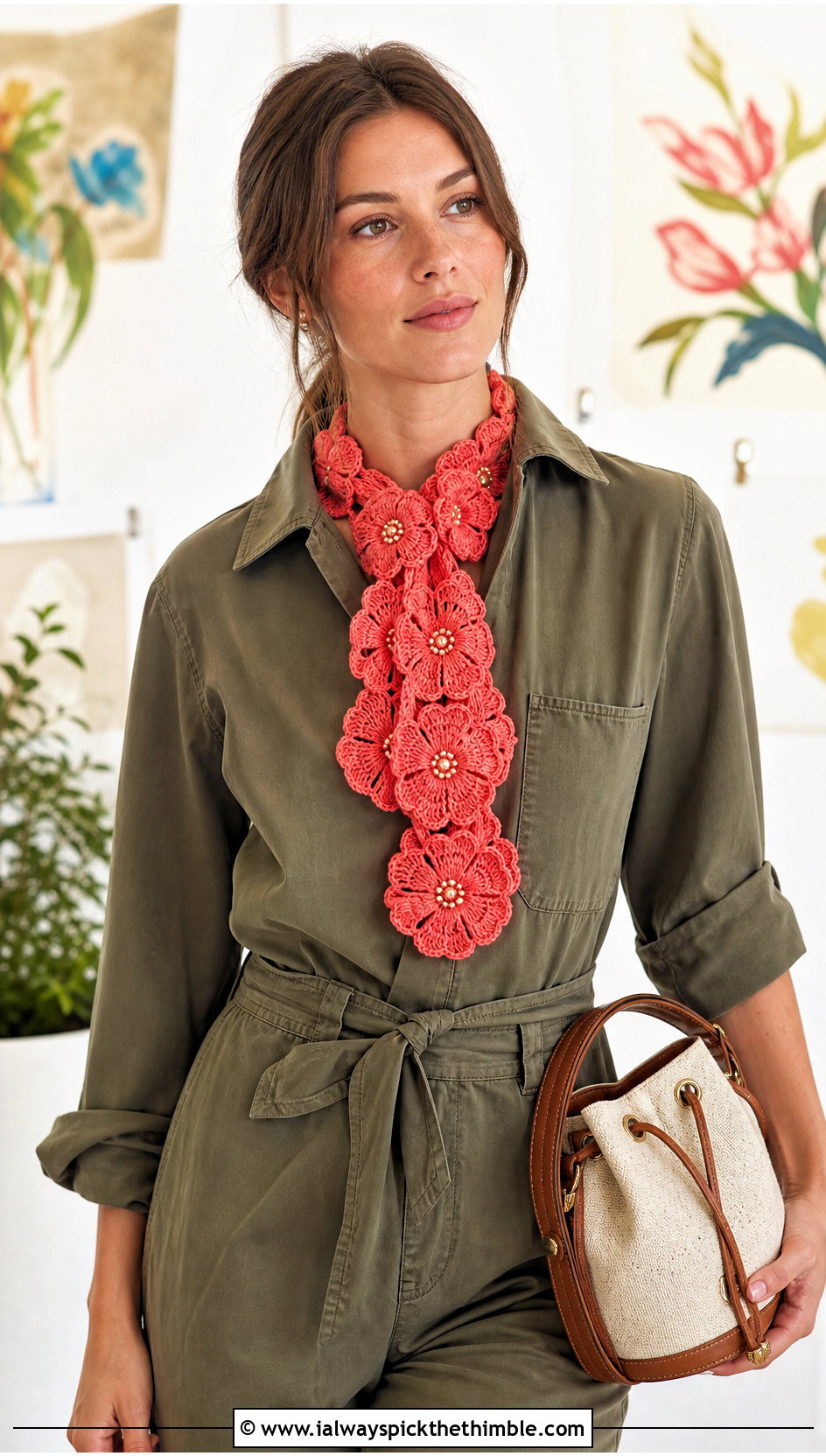 Beaded Floral Motif Scarf With Utility Jumpsuit - 15 beaded crochet scarf design outfit ideas